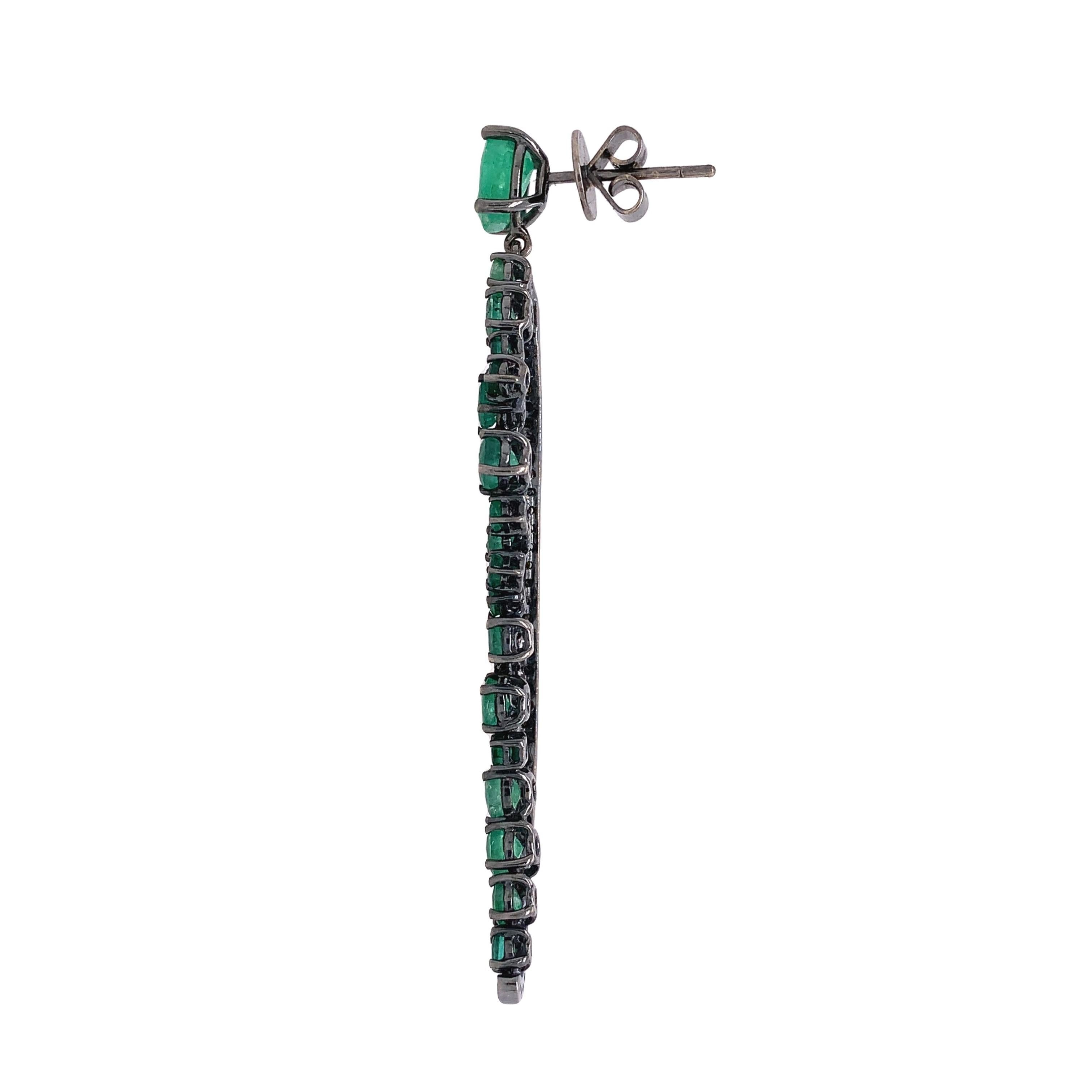 Round Cut Ruchi New York Emerald and Black Diamond Drop Chandelier Earrings