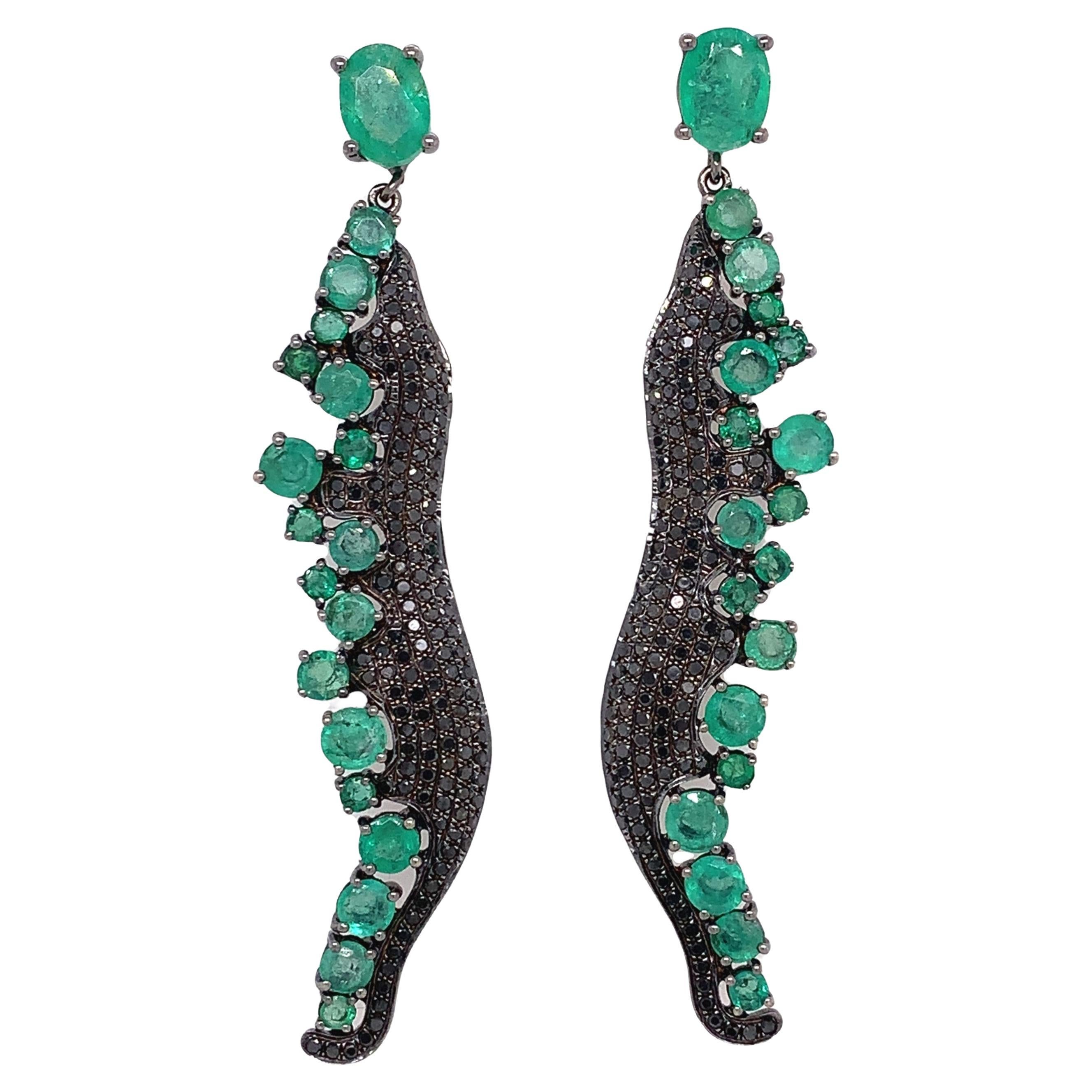 Ruchi New York Emerald and Black Diamond Drop Chandelier Earrings