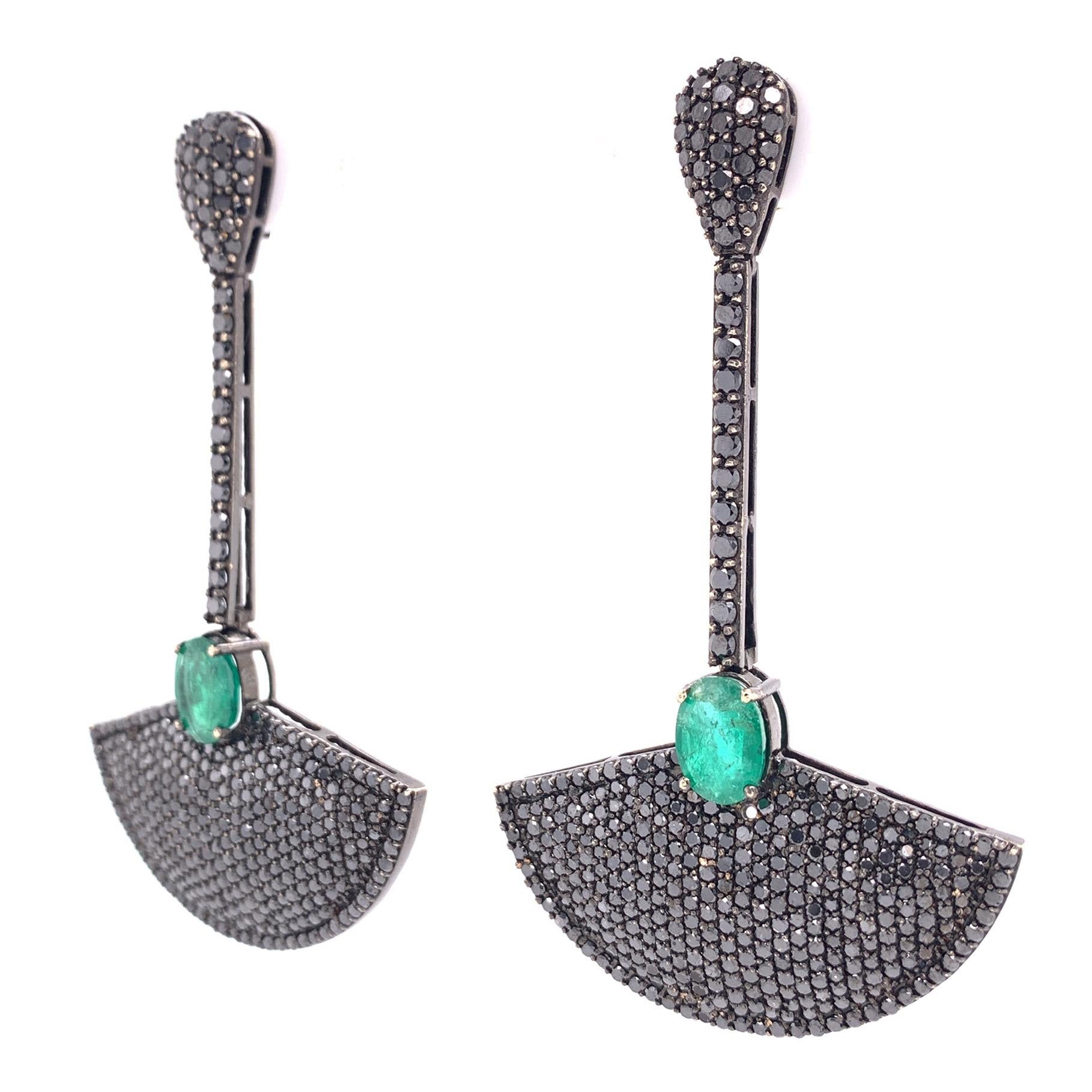 Contemporary RUCHI Emerald and Black Diamond Pavé Black Rhodium Drop Earrings For Sale