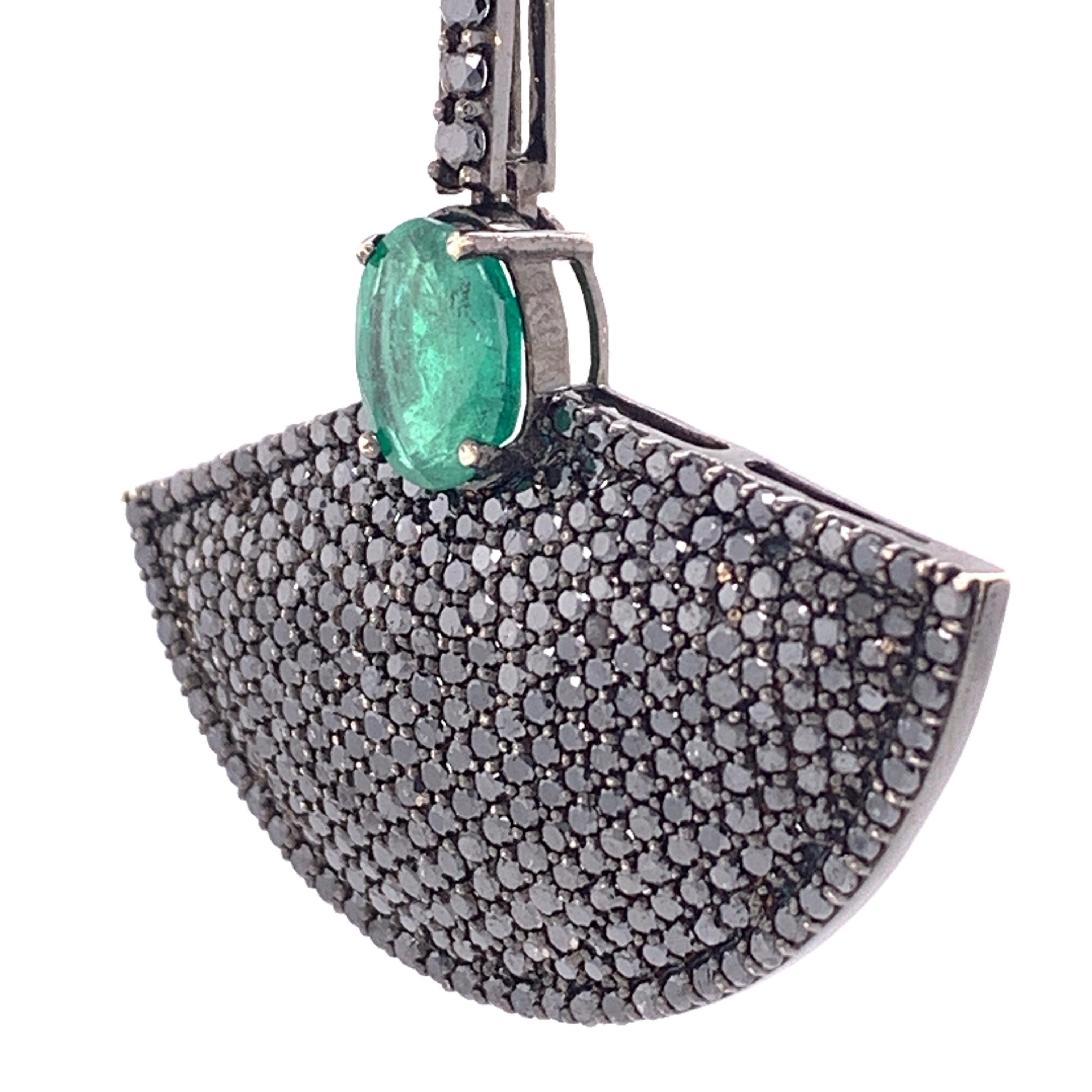 Round Cut RUCHI Emerald and Black Diamond Pavé Black Rhodium Drop Earrings For Sale