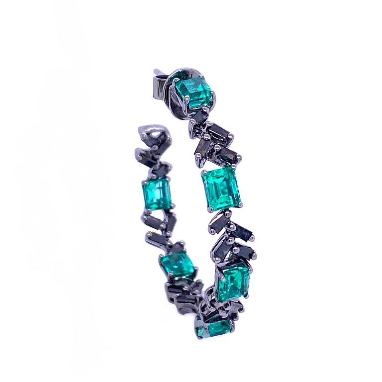 Contemporary RUCHI Emerald and Black Diamond Baguette Black Rhodium Hoop Earrings For Sale