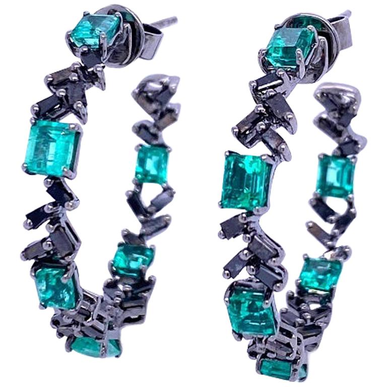 Ruchi New York Emerald and Black Diamond Hoop Earrings
