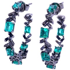 RUCHI Emerald and Black Diamond Baguette Black Rhodium Hoop Earrings