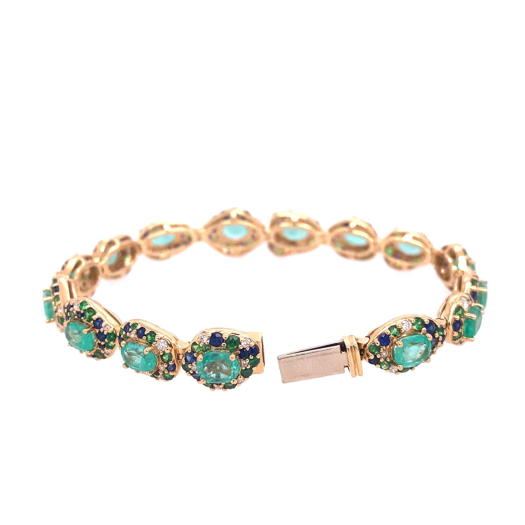 Marina Collection

Emerald and blue Sapphire bracelet with full cut Sapphires and Diamonds set in 18K Yellow gold.

Emerald & Blue Sapphire: 13.74ct total weight.
Diamond: 0.93ct total weight.
All Diamonds are G-H/SI stones.
