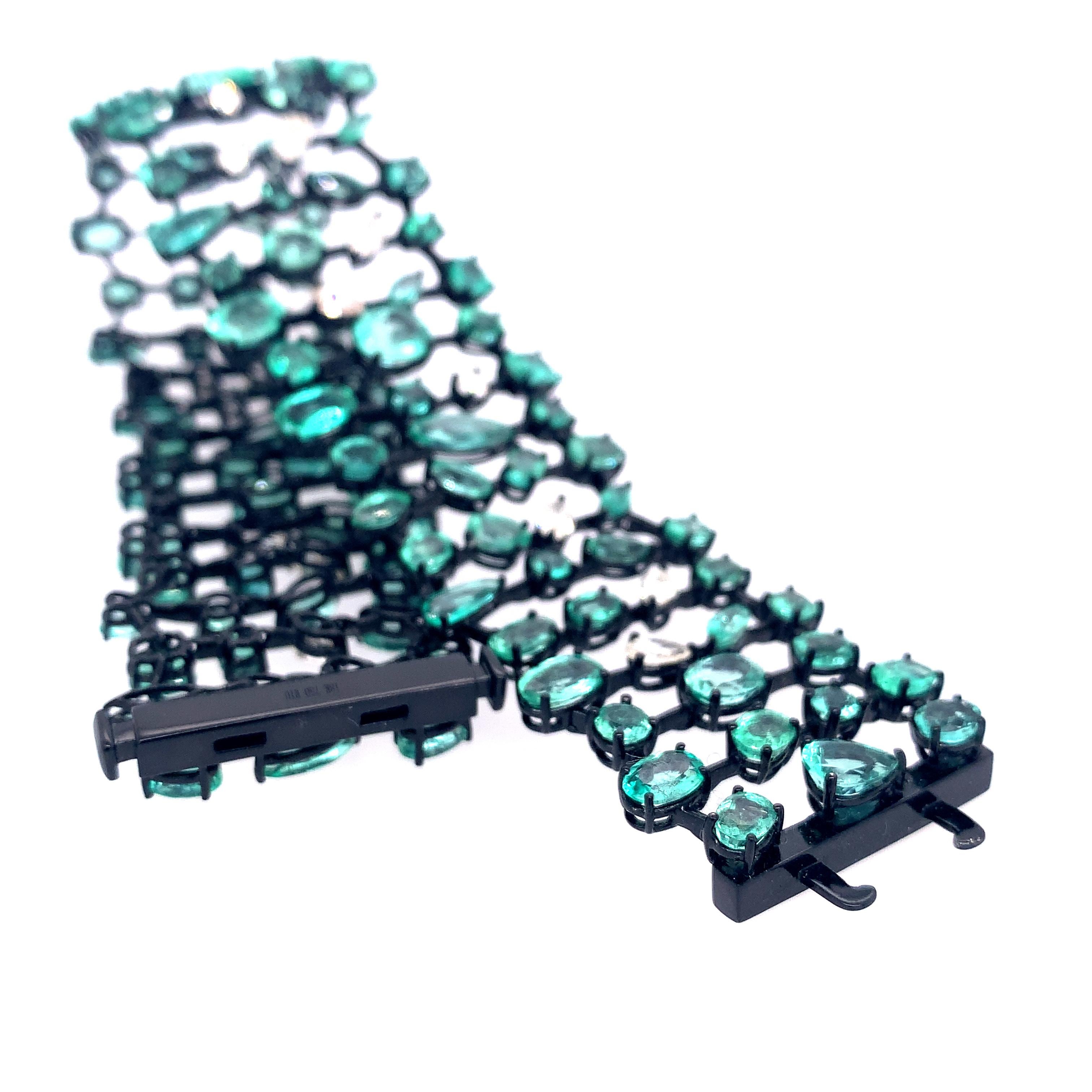 Contemporary RUCHI Three-Row Mixed-Shape Colombian Emerald and Diamond Black Rhodium Bracelet For Sale