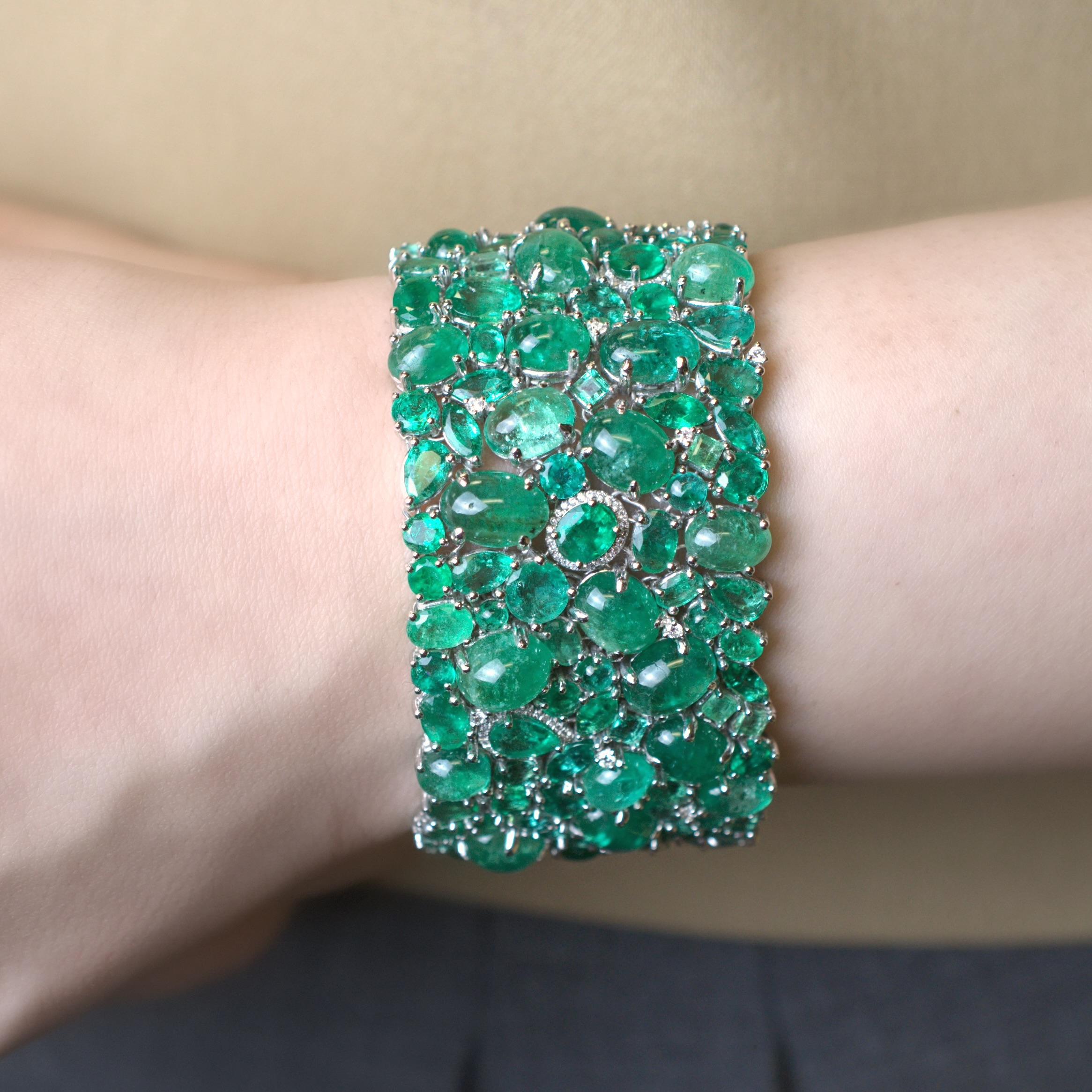 Contemporary RUCHI Mix-Shape Colombian Emerald with Diamond Accent White Gold Wide Bracelet For Sale