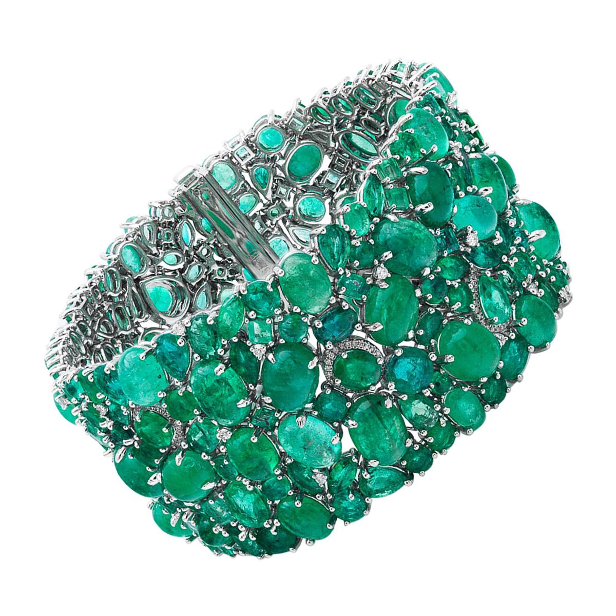 RUCHI Mix-Shape Colombian Emerald with Diamond Accent White Gold Wide Bracelet