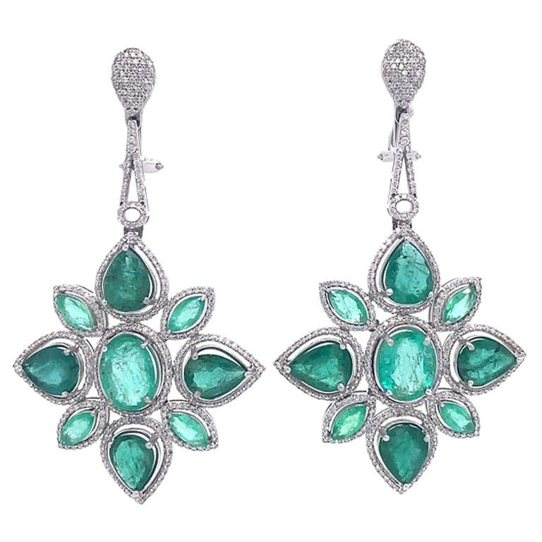 RUCHI Mixed-Shape Emerald and Diamond White Gold Flower Chandelier Earrings For Sale