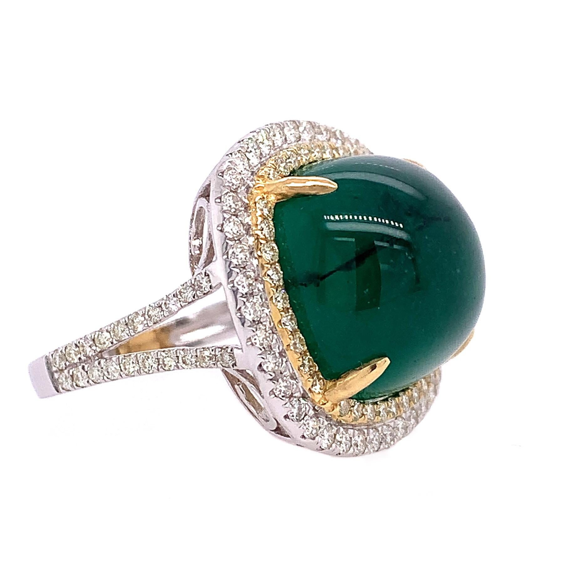 Jardin Collection
 
Our stunning over 14 carats Emerald surrounded by brilliant Diamonds double 18K two tone ring in halo.

Emerald: 14.74ct total weight.
Diamond: 0.97ct total weight.
All diamonds are G-H/SI stones.


