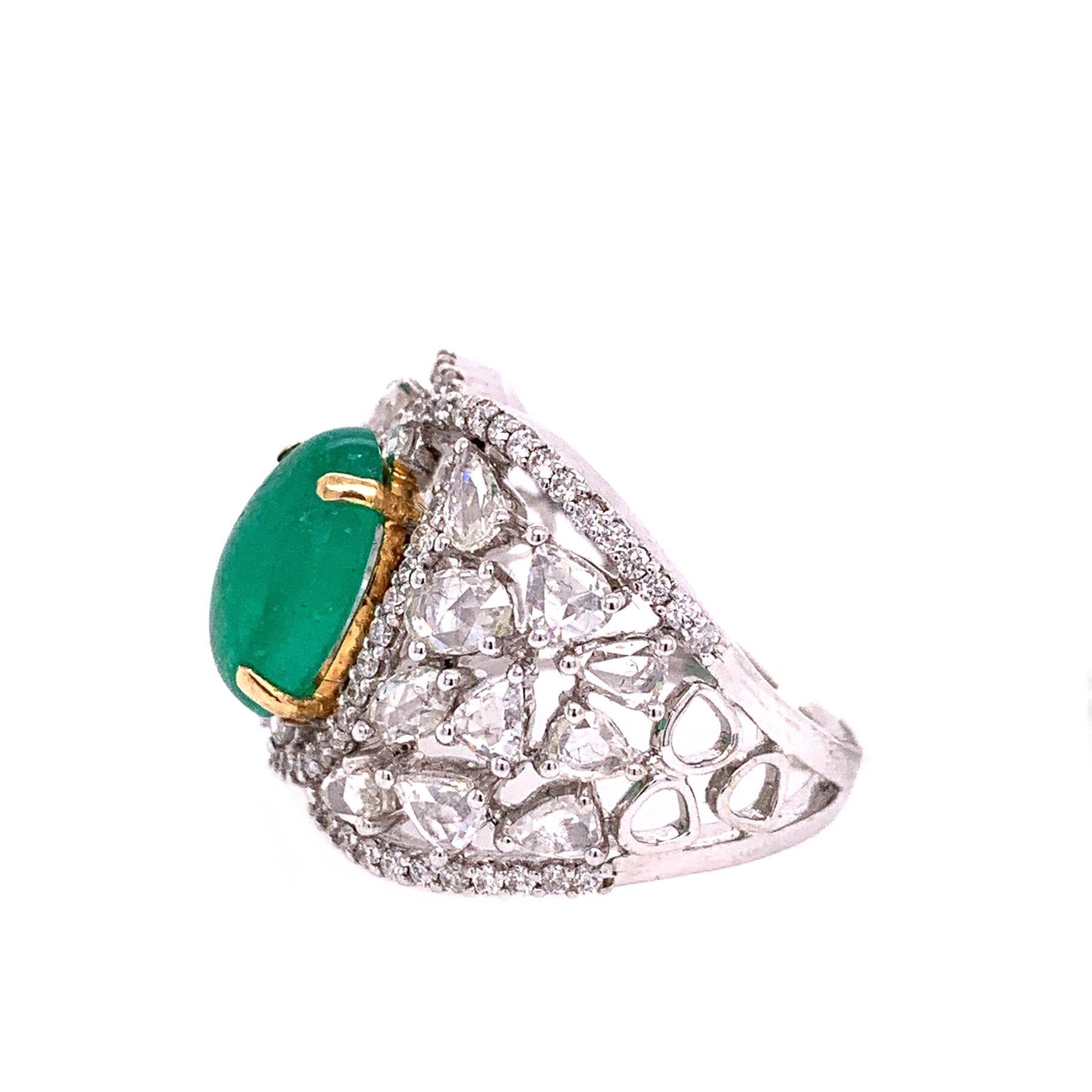 Contemporary RUCHI Colombian Emerald Cabochon and Mixed-Cut Diamond Cocktail Ring For Sale