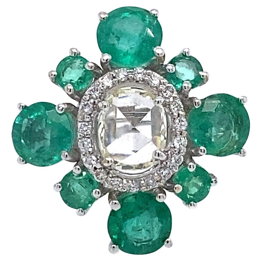 RUCHI Colombian Emerald and Rose-Cut Diamond White Gold Cocktail Ring For Sale