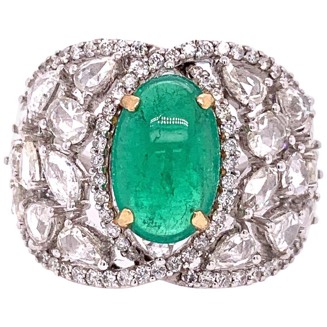 RUCHI Colombian Emerald Cabochon and Mixed-Cut Diamond Cocktail Ring For Sale