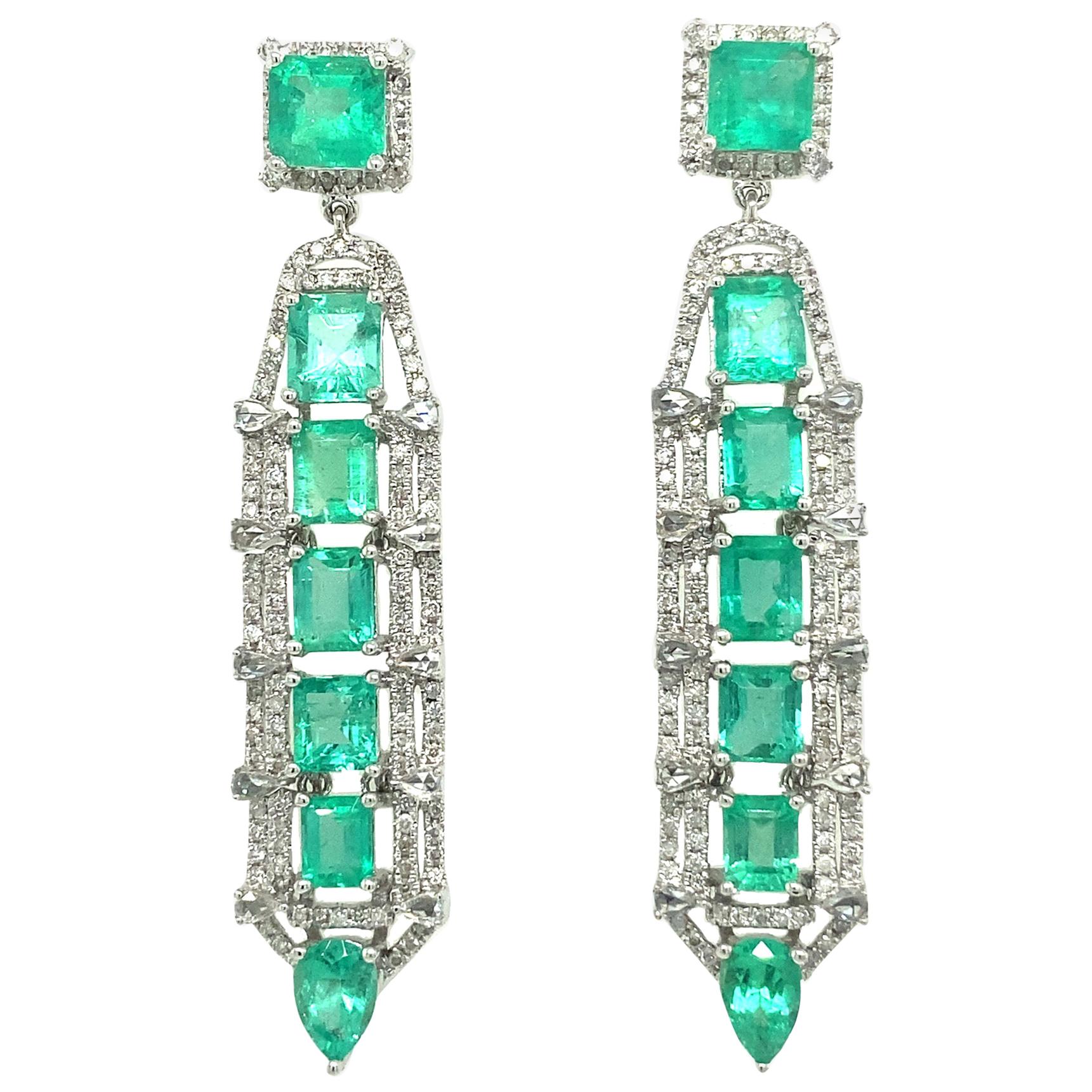 RUCHI Emerald and Diamond White Gold Drop Dangle Earrings For Sale