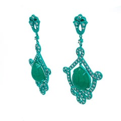 RUCHI Colombian Emerald Cabochon and Diamond Green Rhodium Dangle Earrings