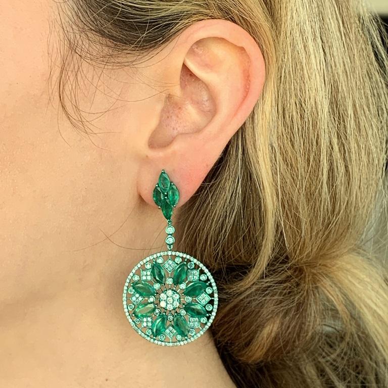 Marquise Cut RUCHI Colombian Emerald and Diamond Green Rhodium Dangle Earrings For Sale