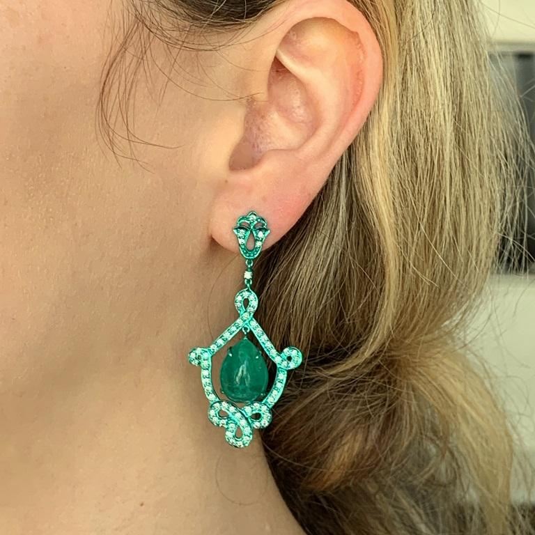 RUCHI Colombian Emerald Cabochon and Diamond Green Rhodium Dangle Earrings In New Condition For Sale In New York, NY