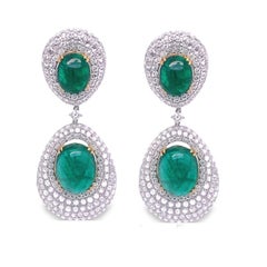 RUCHI Cabochon-Cut Emeralds with Brilliant Diamond White Gold Drop Earrings