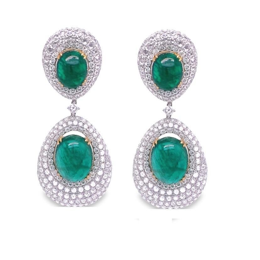 Contemporary RUCHI Cabochon-Cut Emeralds with Brilliant Diamond White Gold Drop Earrings For Sale