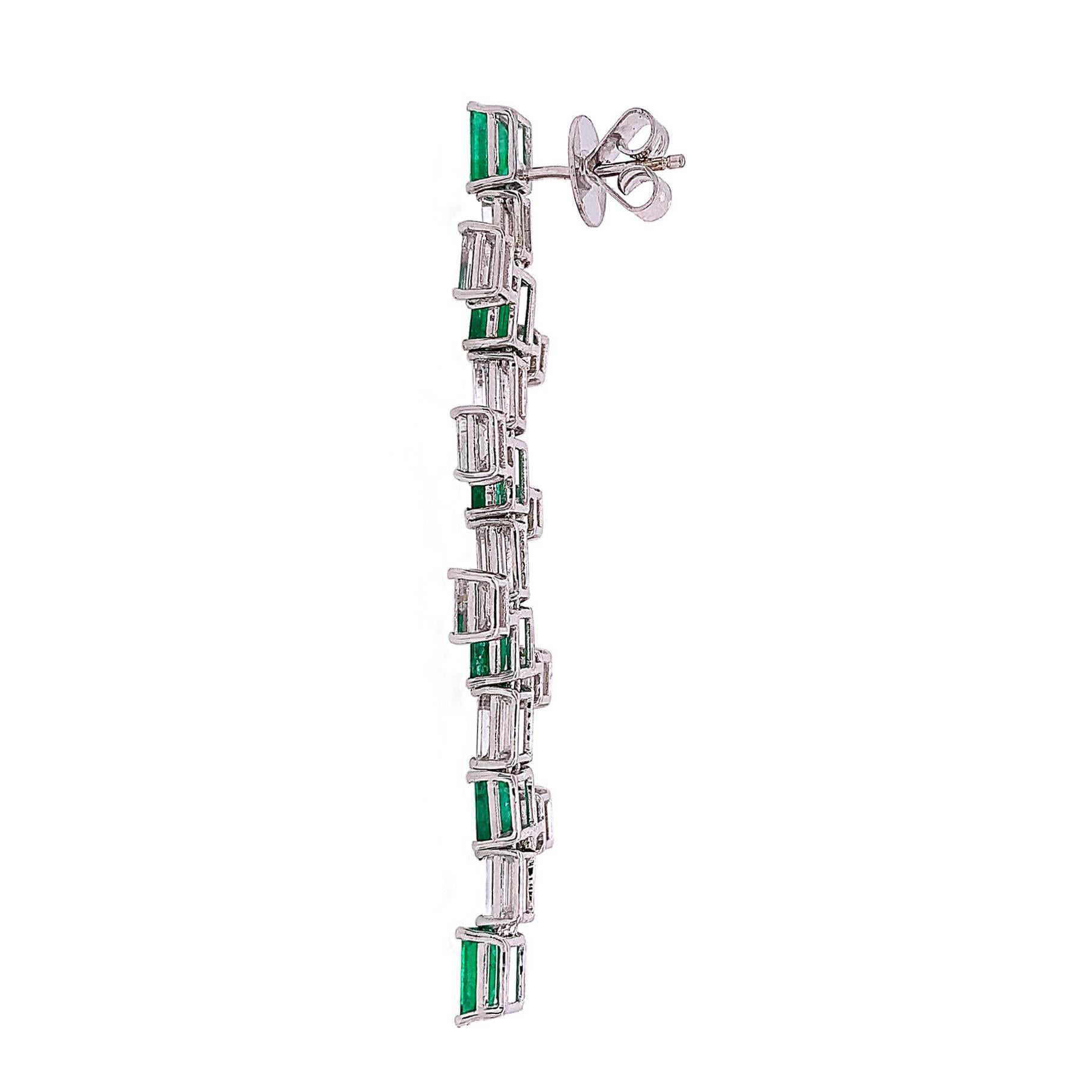 Contemporary RUCHI Emerald and Baguette Diamond White Gold Linear Earrings