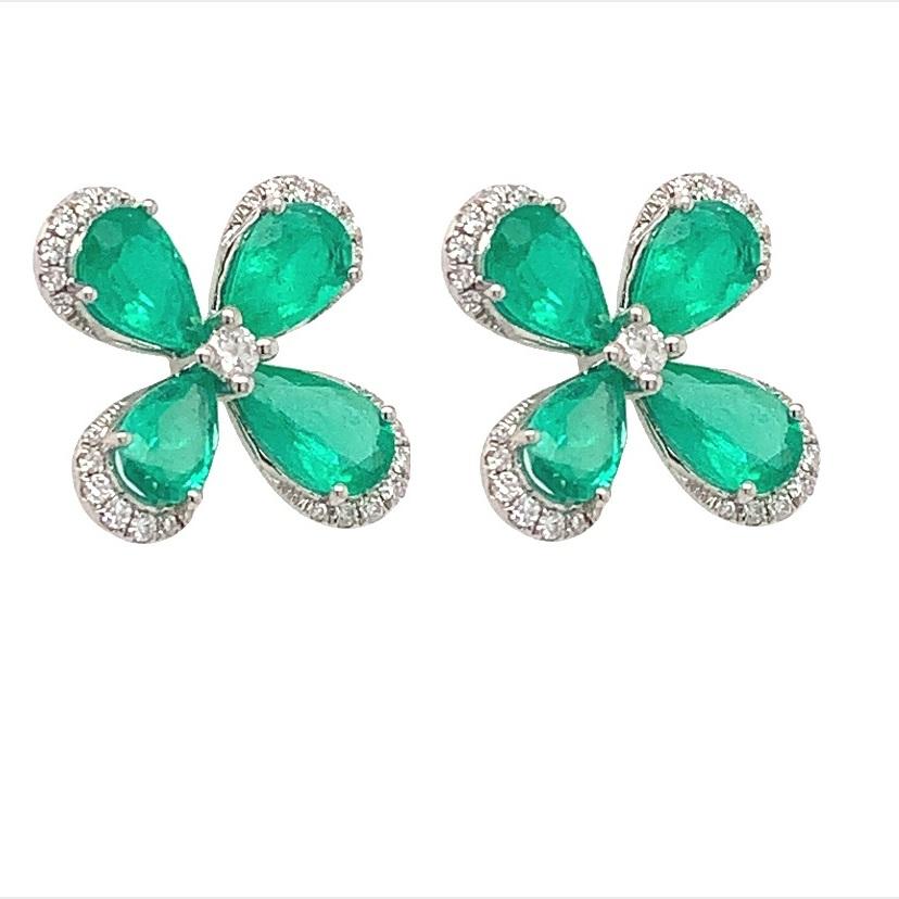 Mixed Cut RUCHI Emerald with Diamond Halo White Gold Flower Stud Earrings For Sale