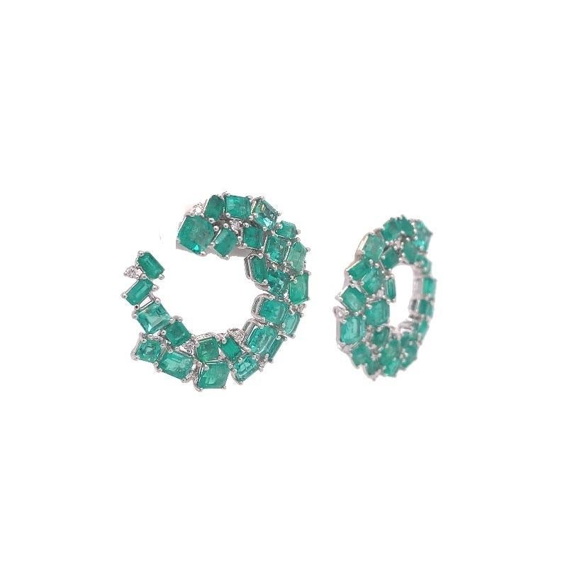 Contemporary RUCHI Emerald with Brilliant Diamond White Gold C-Shape Earrings For Sale