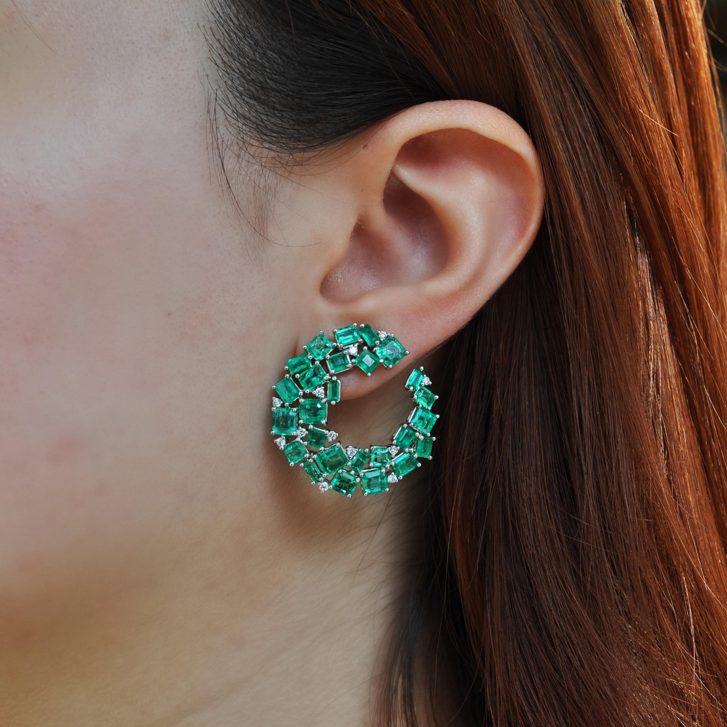 Mixed Cut RUCHI Emerald with Brilliant Diamond White Gold C-Shape Earrings For Sale