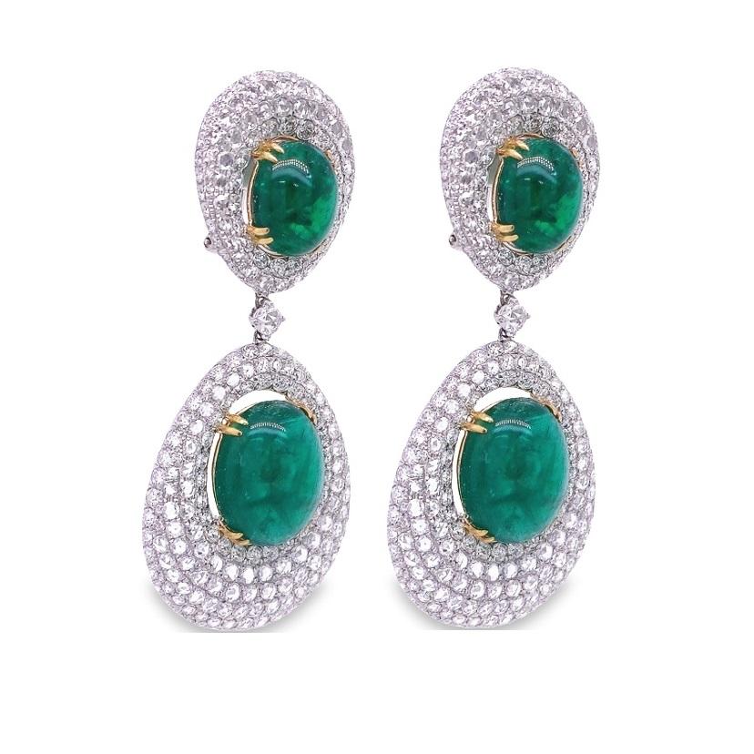 Mixed Cut RUCHI Cabochon-Cut Emeralds with Brilliant Diamond White Gold Drop Earrings For Sale