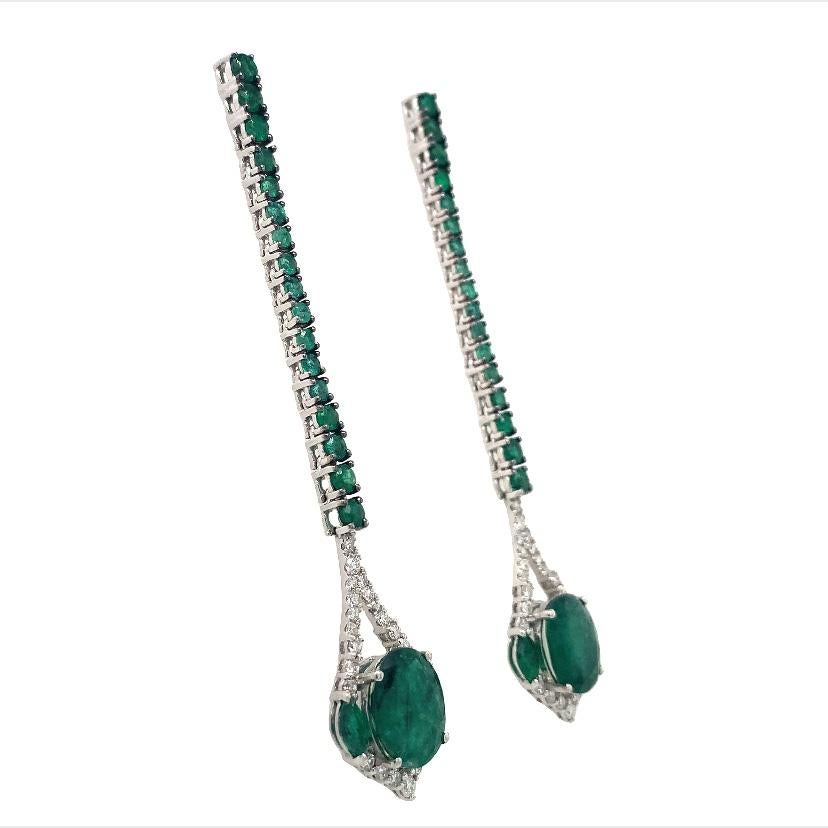 Contemporary RUCHI Emerald & Pavé Diamond White Gold Linear Drop Earrings For Sale