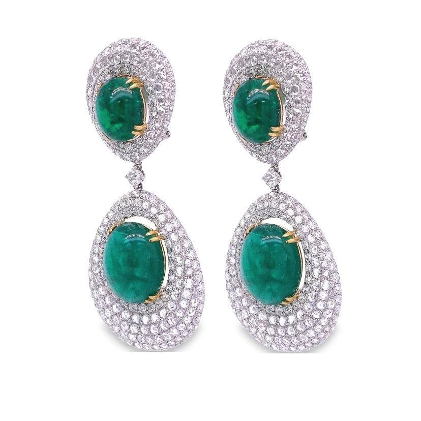 RUCHI Cabochon-Cut Emeralds with Brilliant Diamond White Gold Drop Earrings In New Condition For Sale In New York, NY