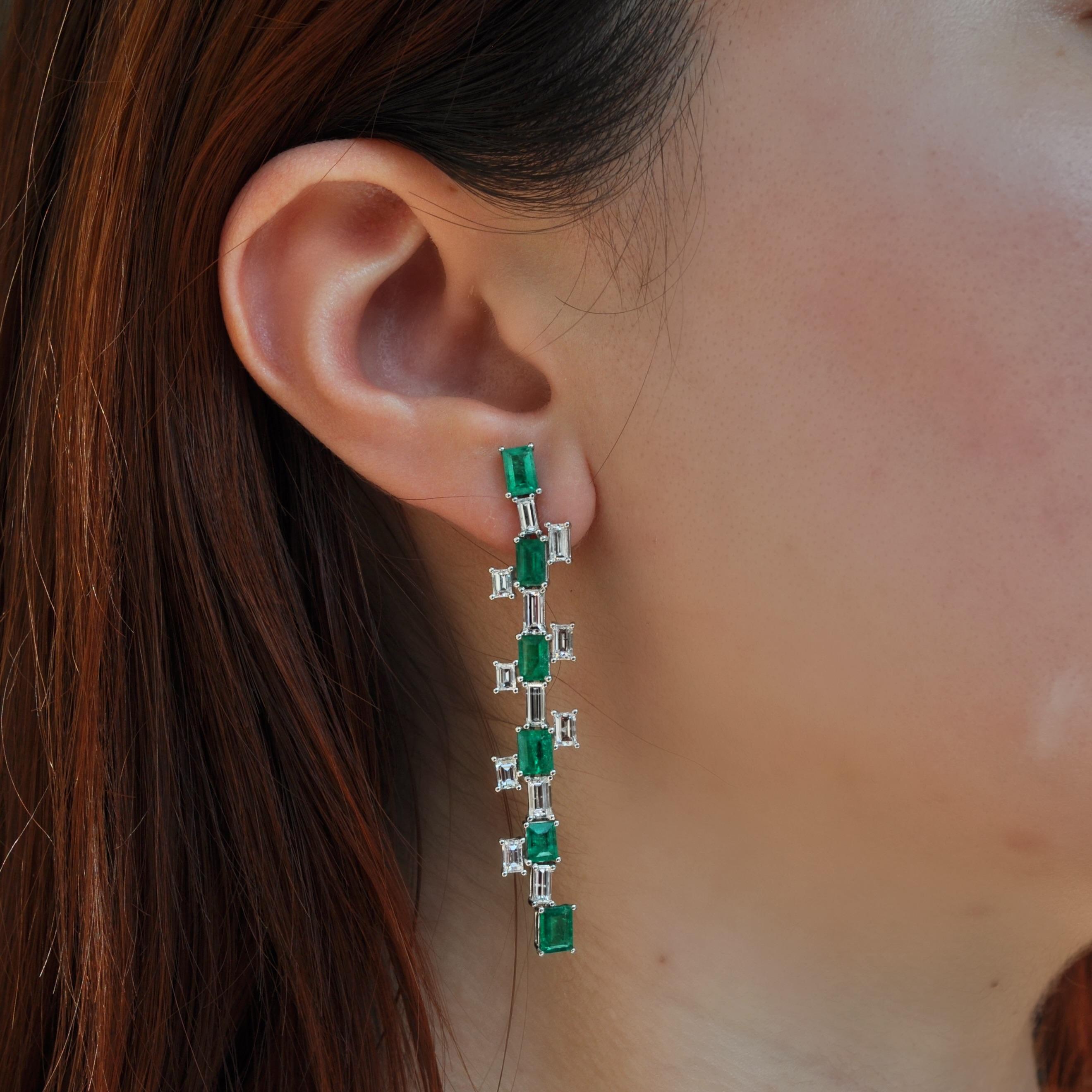 Emerald Cut RUCHI Emerald and Baguette Diamond White Gold Linear Earrings