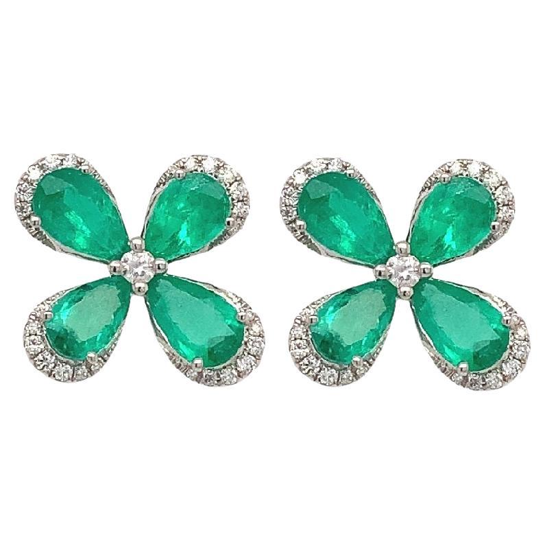 RUCHI Emerald with Diamond Halo White Gold Flower Stud Earrings For Sale