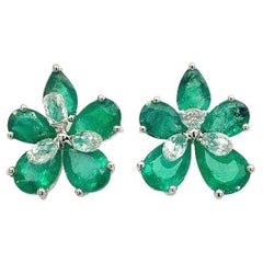 RUCHI Emerald and Briolette Diamond White Gold Flower Stud Earrings