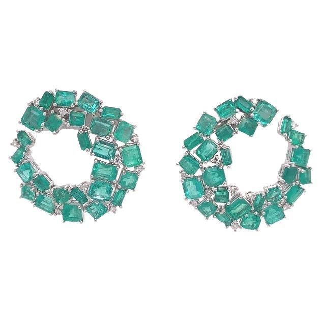 RUCHI Emerald with Brilliant Diamond White Gold C-Shape Earrings