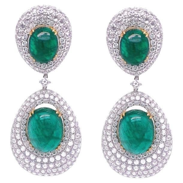 RUCHI Cabochon-Cut Emeralds with Brilliant Diamond White Gold Drop Earrings For Sale