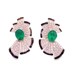 RUCHI Black Agate, Emerald and Diamond White Gold Fan Stud Earrings