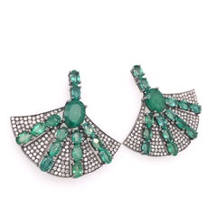 RUCHI Oval-Cut Emerald with Pavé Diamond Black Rhodium Fan Earrings