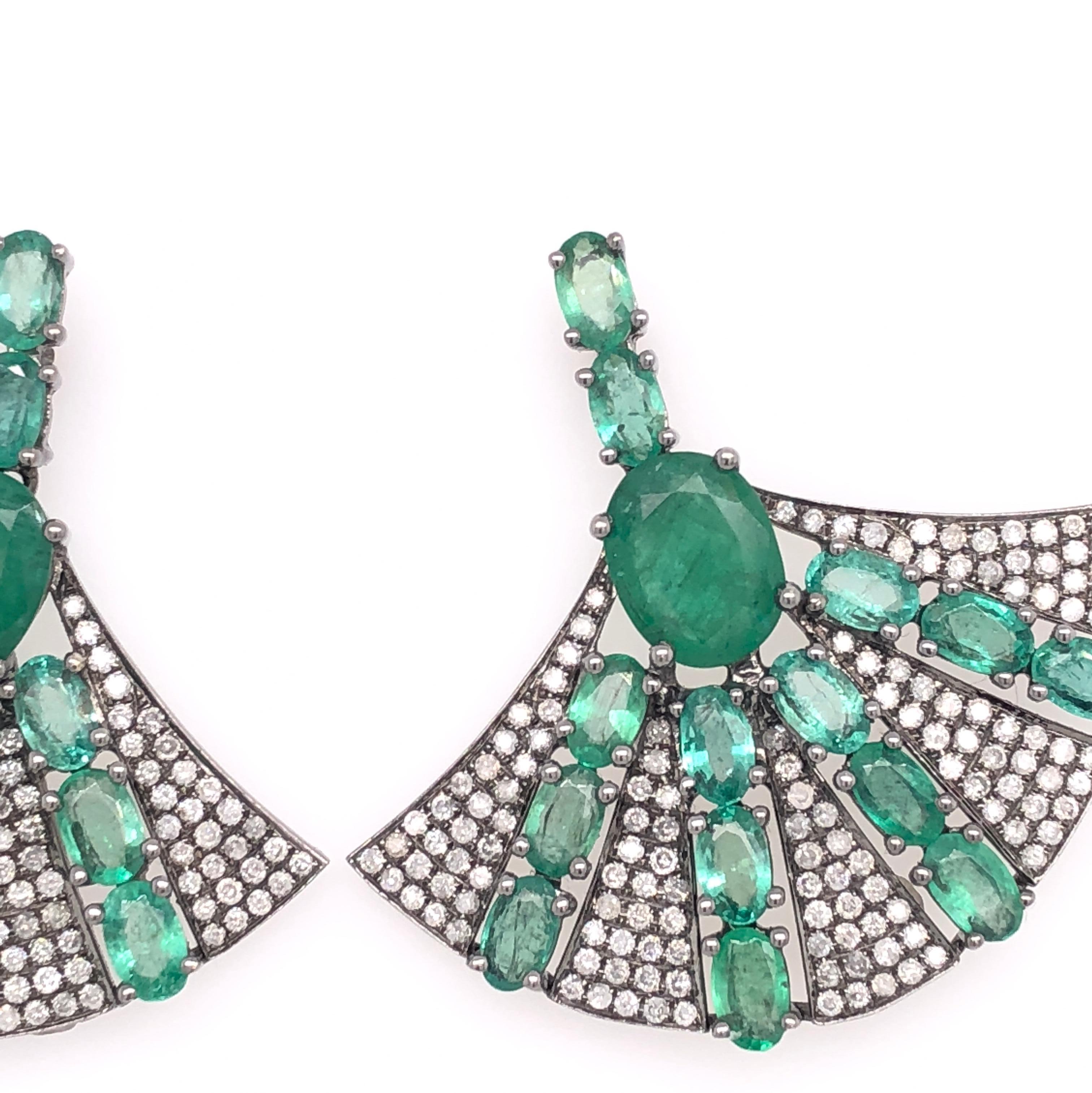 Contemporary RUCHI Oval-Cut Emerald with Pavé Diamond Black Rhodium Fan Earrings For Sale