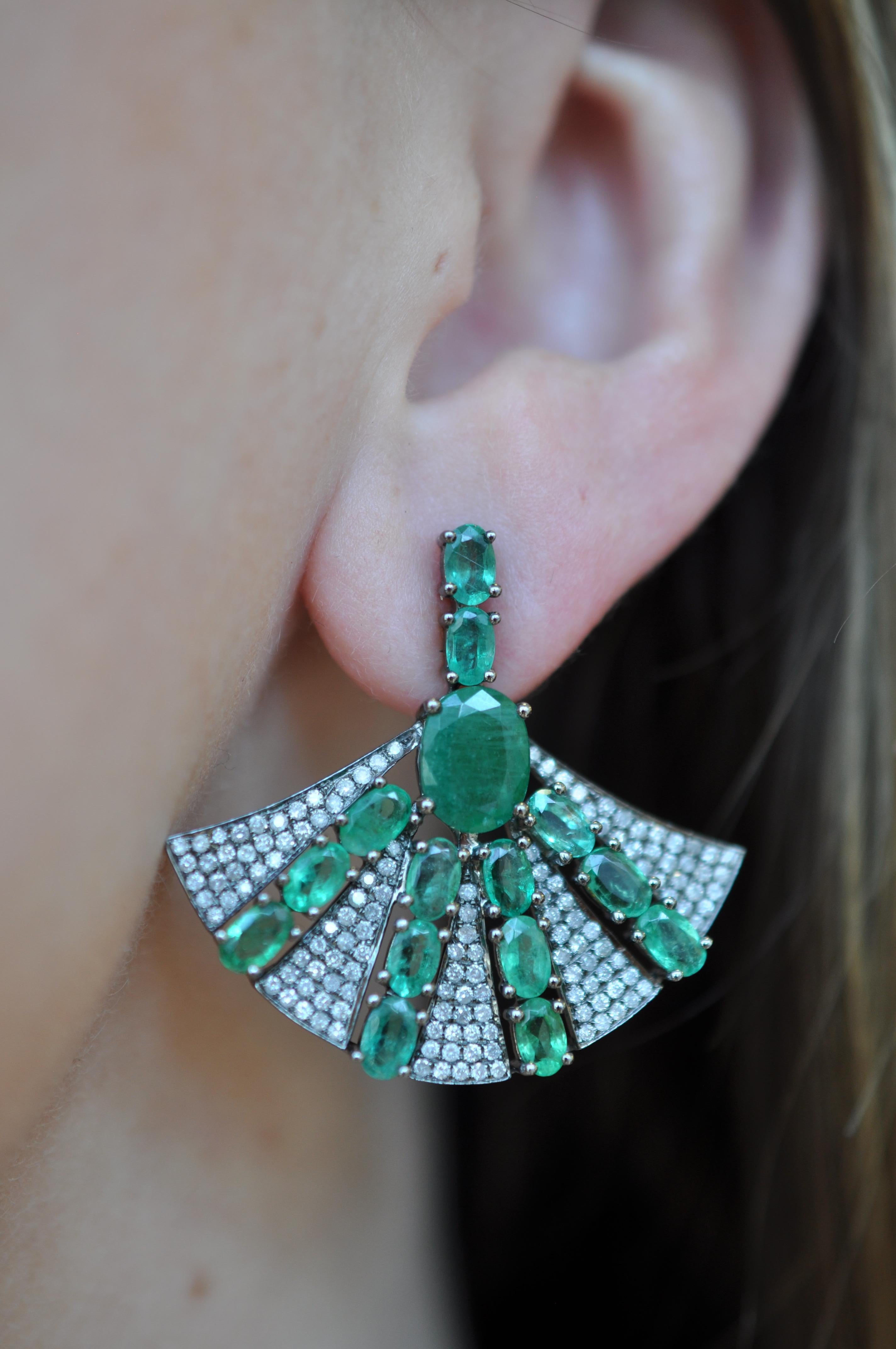 Oval Cut RUCHI Oval-Cut Emerald with Pavé Diamond Black Rhodium Fan Earrings For Sale