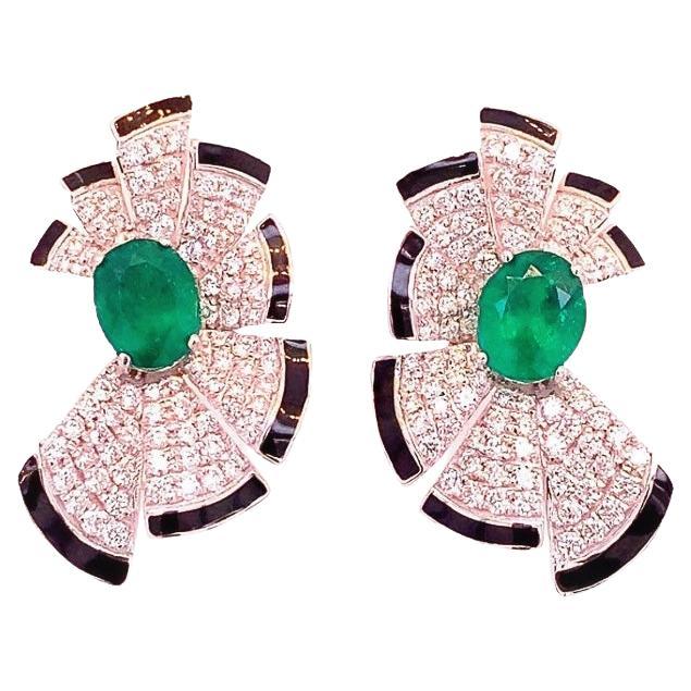 RUCHI Black Agate, Emerald and Diamond White Gold Fan Stud Earrings For Sale