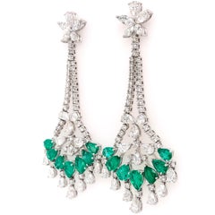RUCHI Pear Shaped Emerald & Diamond White Gold Floral Chandelier Earrings