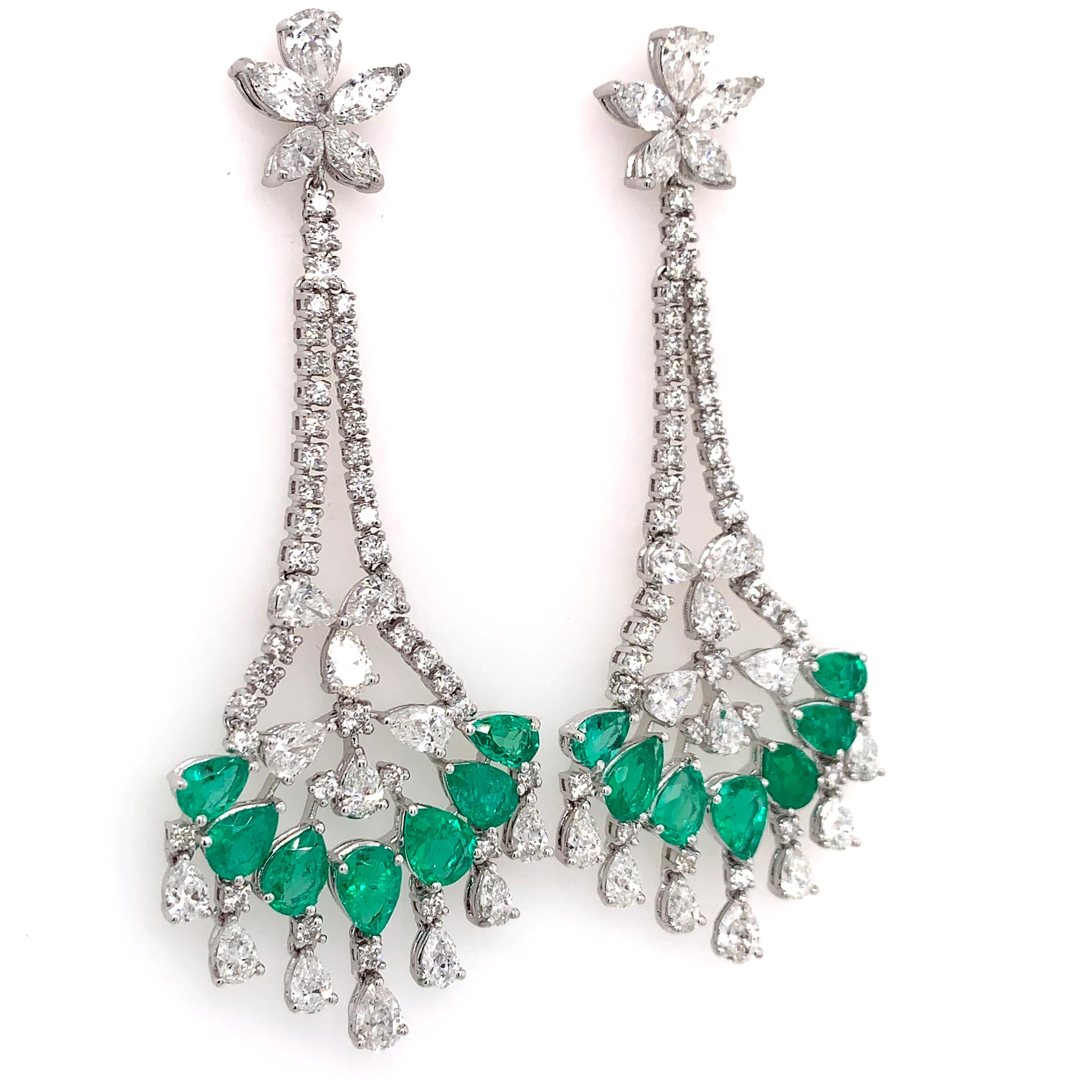 Contemporary RUCHI Pear Shaped Emerald & Diamond White Gold Floral Chandelier Earrings For Sale