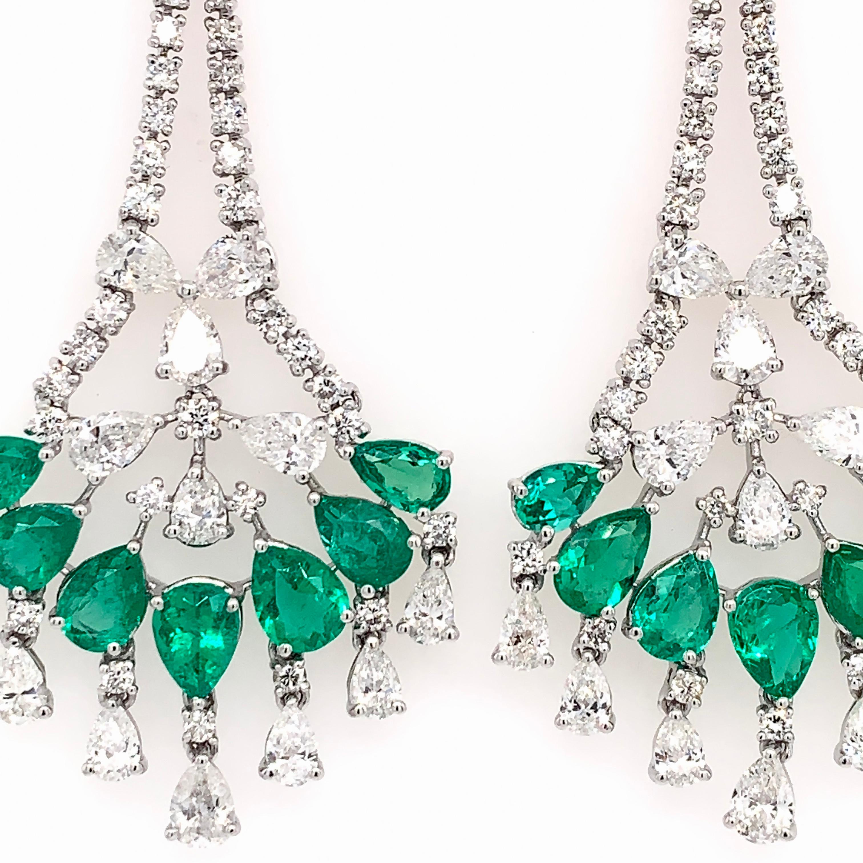 Emerald Cut RUCHI Pear Shaped Emerald & Diamond White Gold Floral Chandelier Earrings For Sale