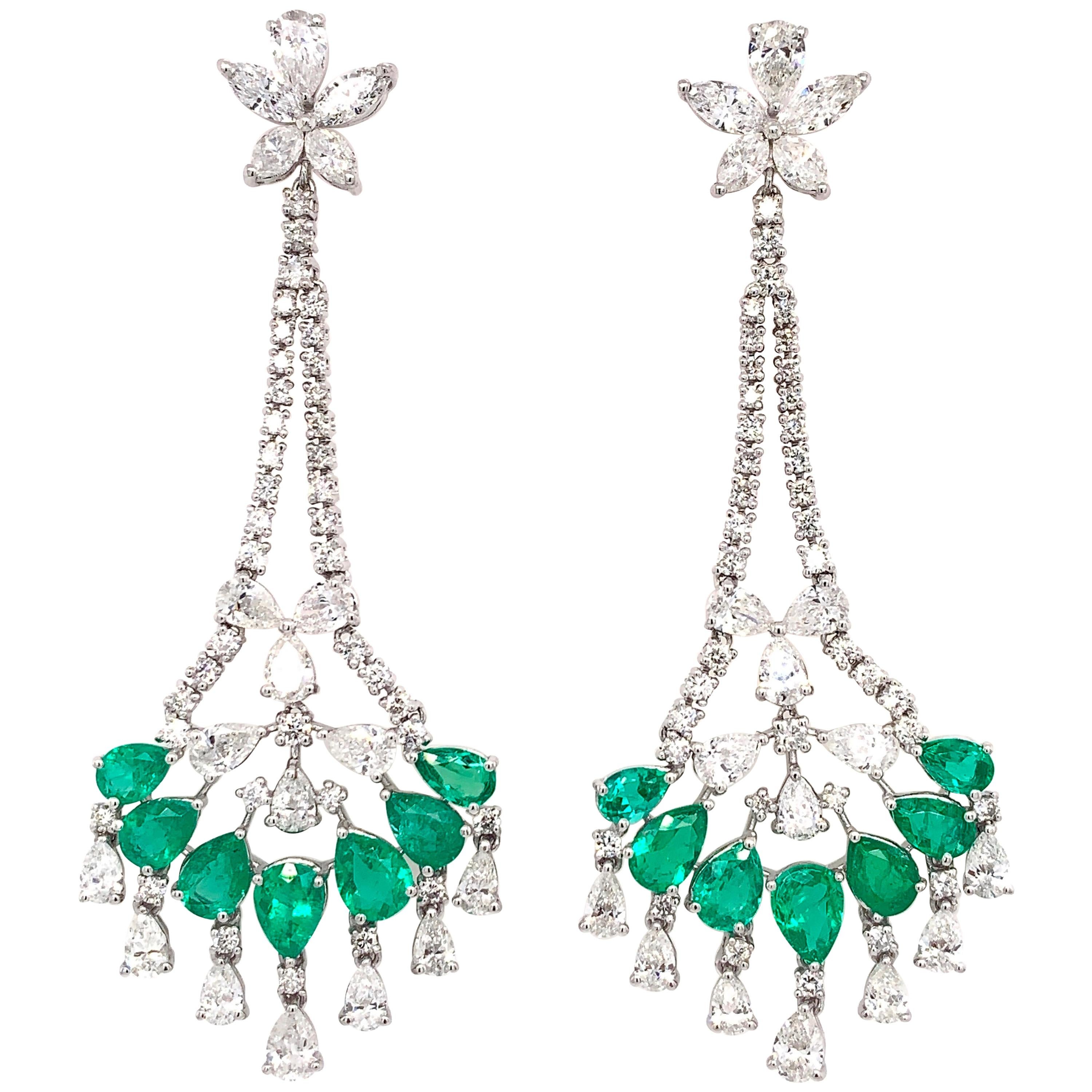 RUCHI Pear Shaped Emerald & Diamond White Gold Floral Chandelier Earrings For Sale