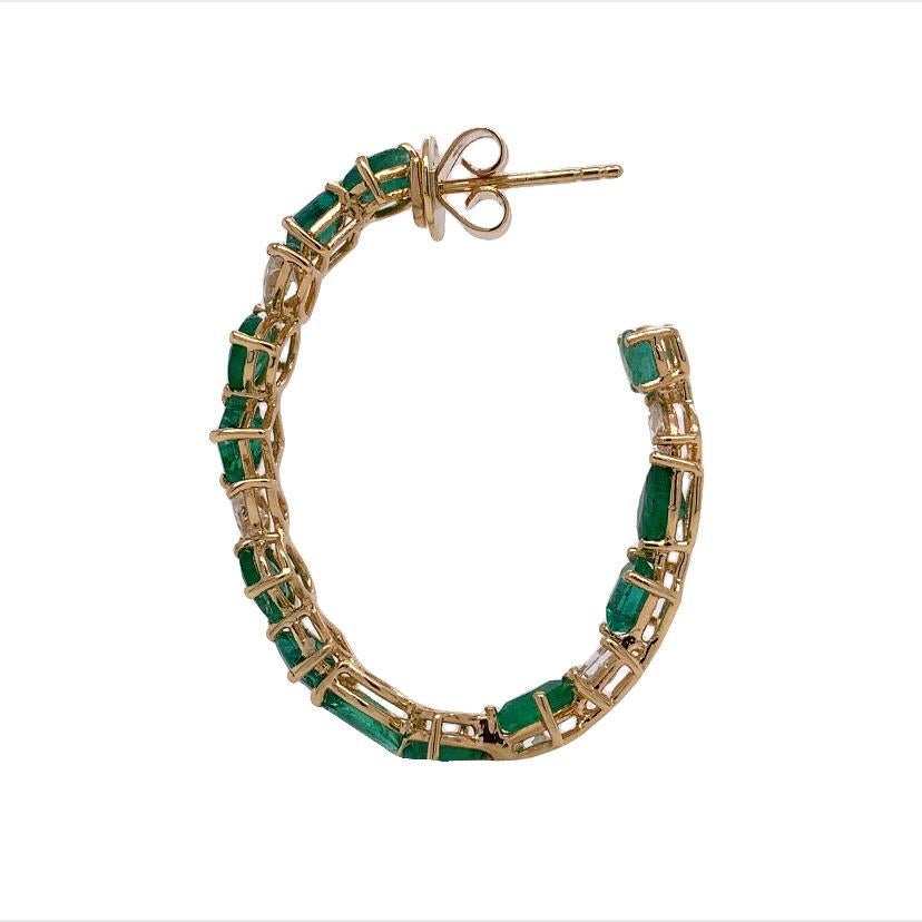 Contemporary RUCHI Mixed-Shape Emerald and Diamond Yellow Gold Hoop Earrings For Sale