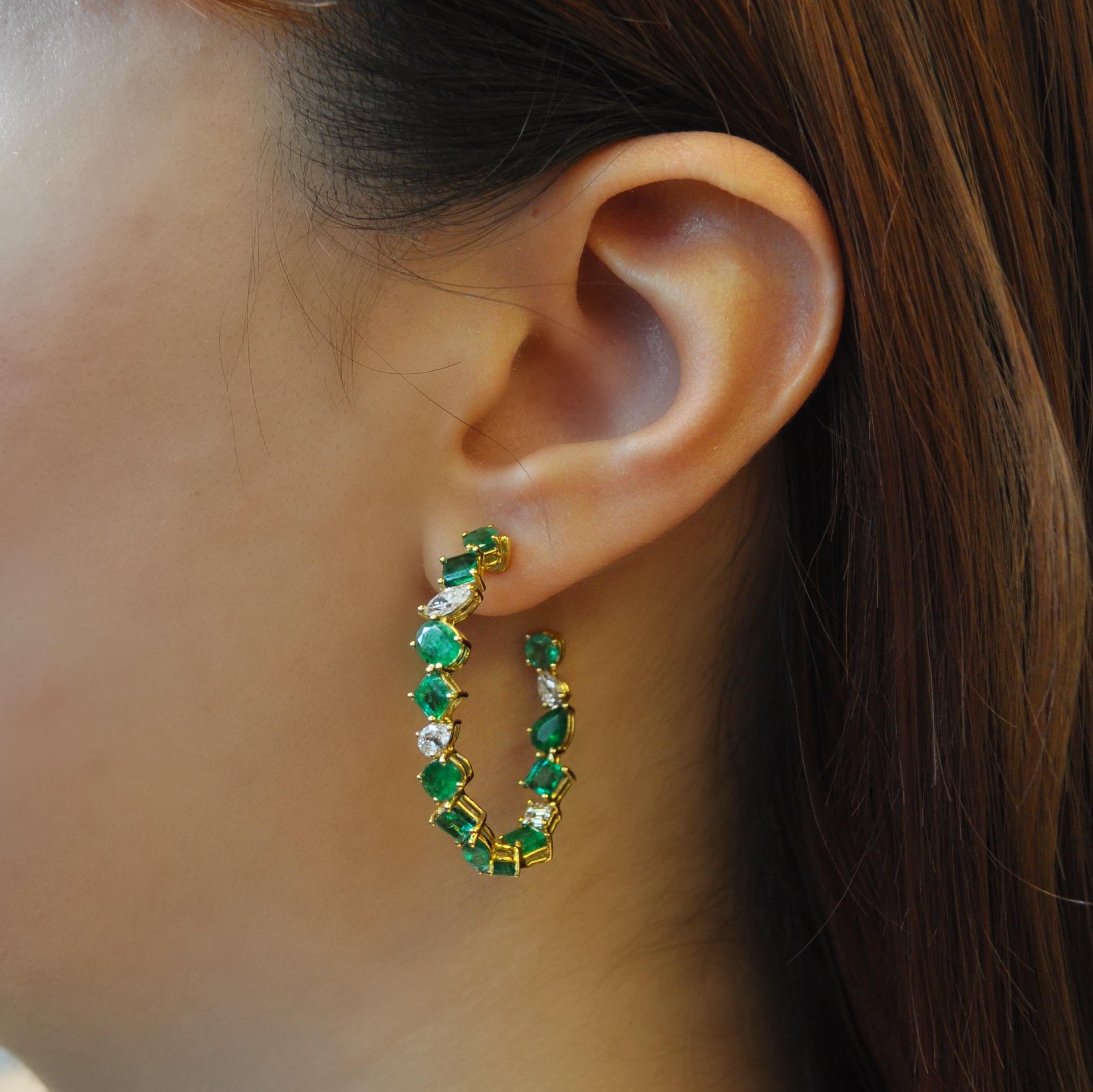 Mixed Cut RUCHI Mixed-Shape Emerald and Diamond Yellow Gold Hoop Earrings For Sale