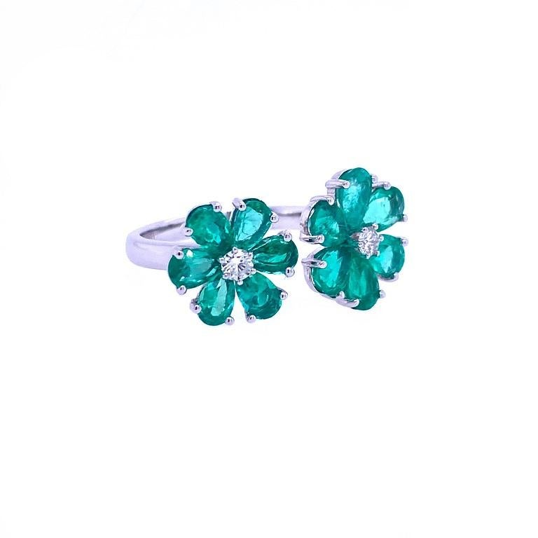 Pear Cut Ruchi New York Emerald and Diamond Open Flower Ring