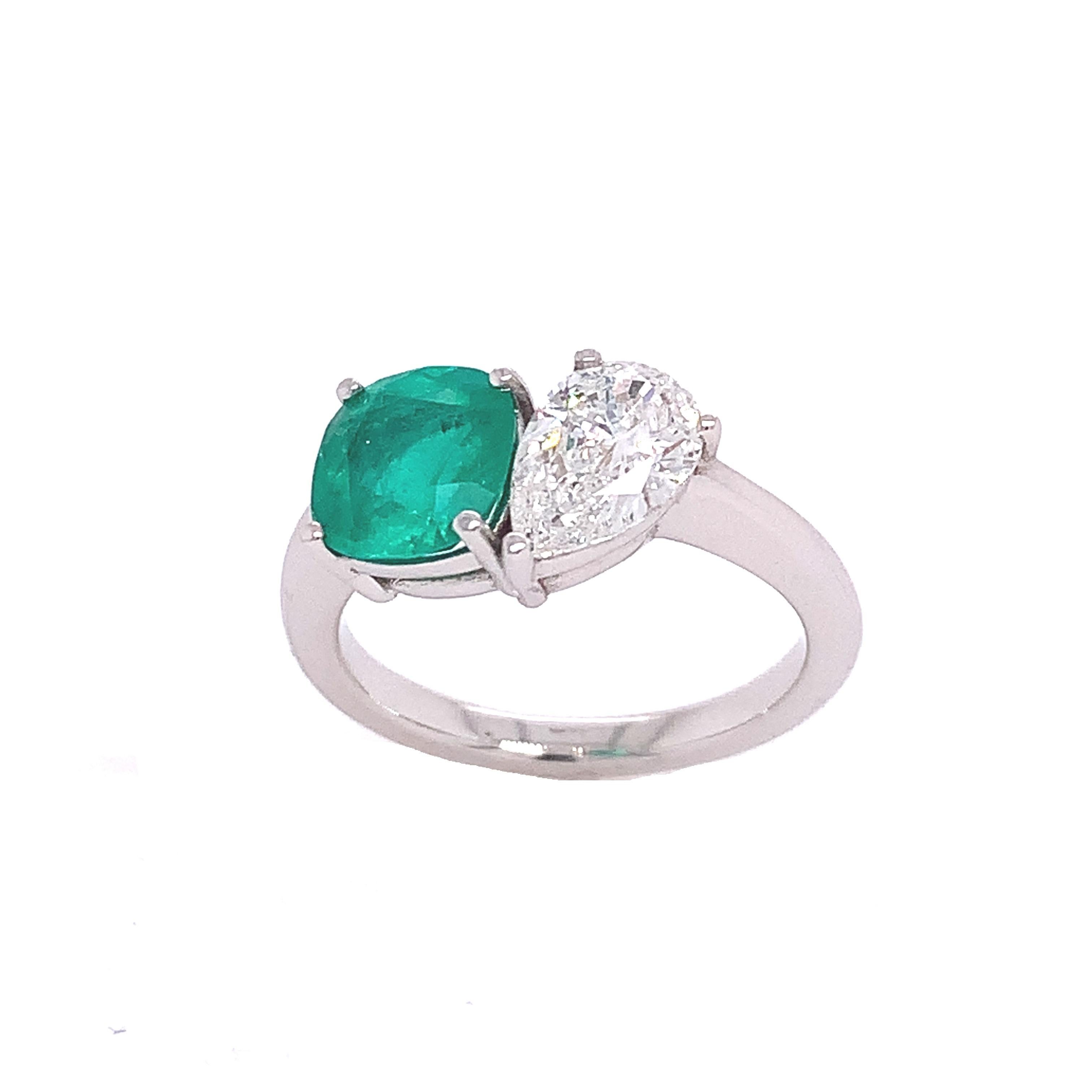 Contemporary RUCHI Emerald and Diamond White Gold Toi Et Moi Engagement Ring For Sale