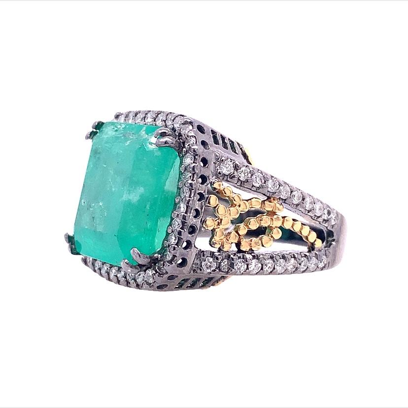 Contemporary RUCHI 11.63 Carat Colombian Emerald & Diamond Black Gold Cocktail Ring For Sale