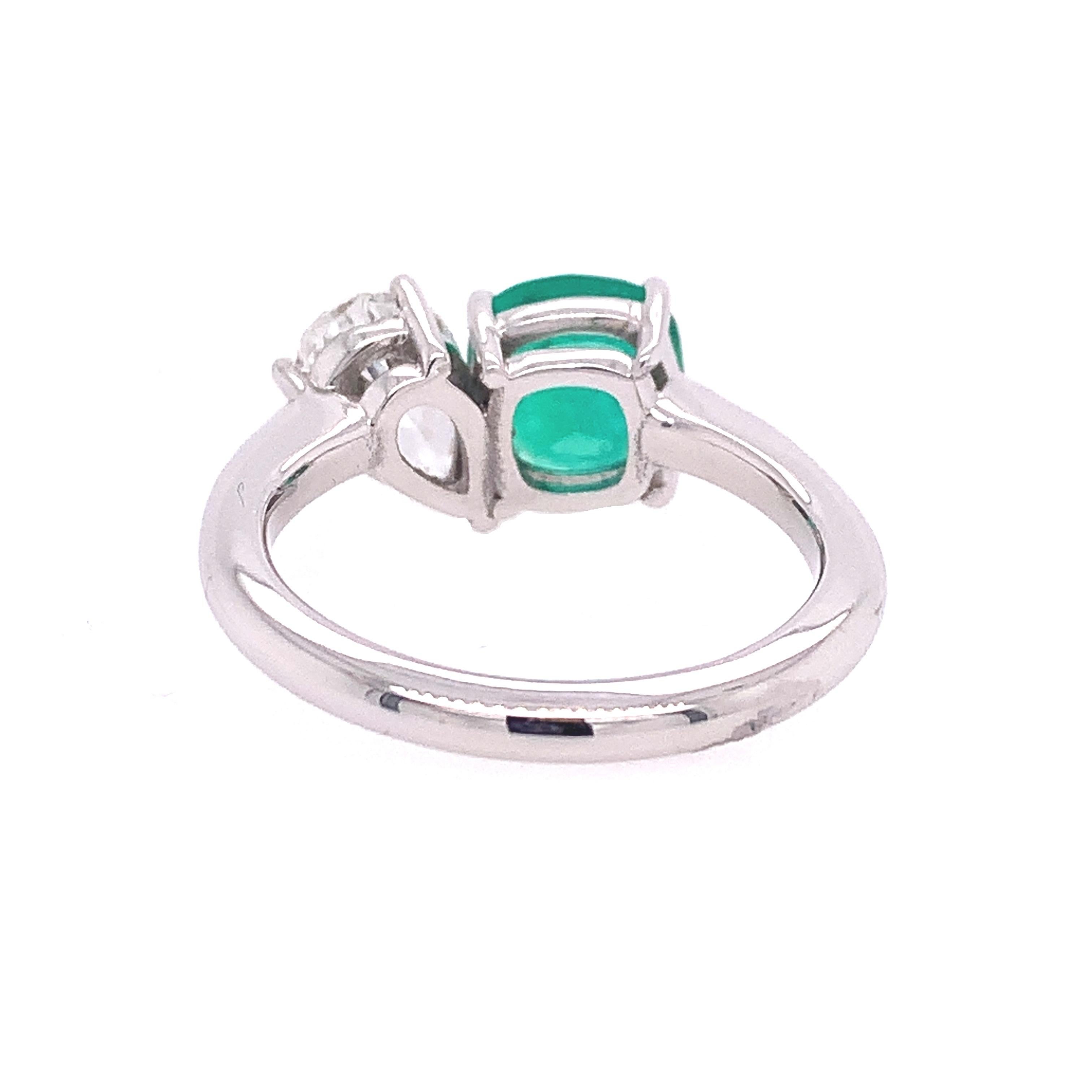 Mixed Cut RUCHI Emerald and Diamond White Gold Toi Et Moi Engagement Ring For Sale
