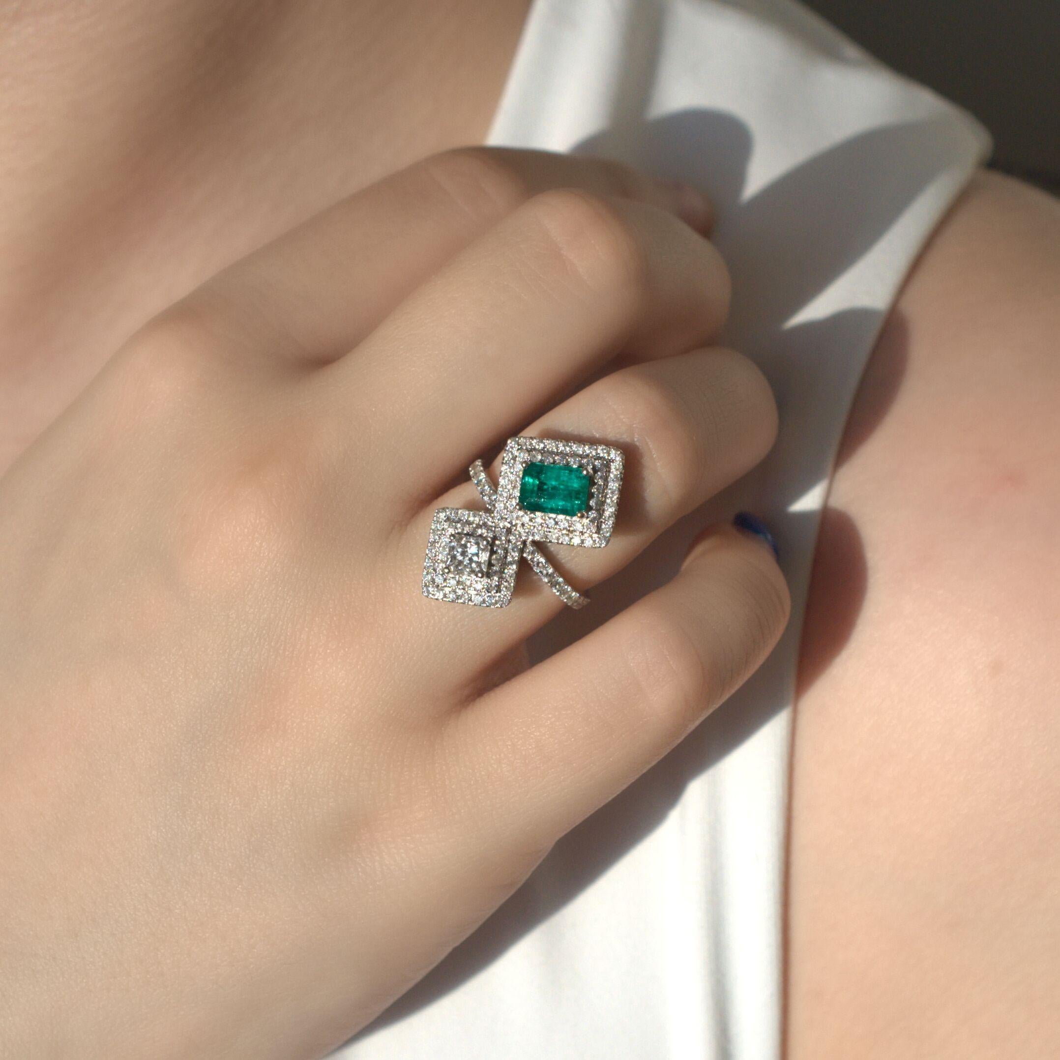 Mixed Cut RUCHI Colombian Emerald & Princess Cut Diamond White Gold Cocktail Ring For Sale